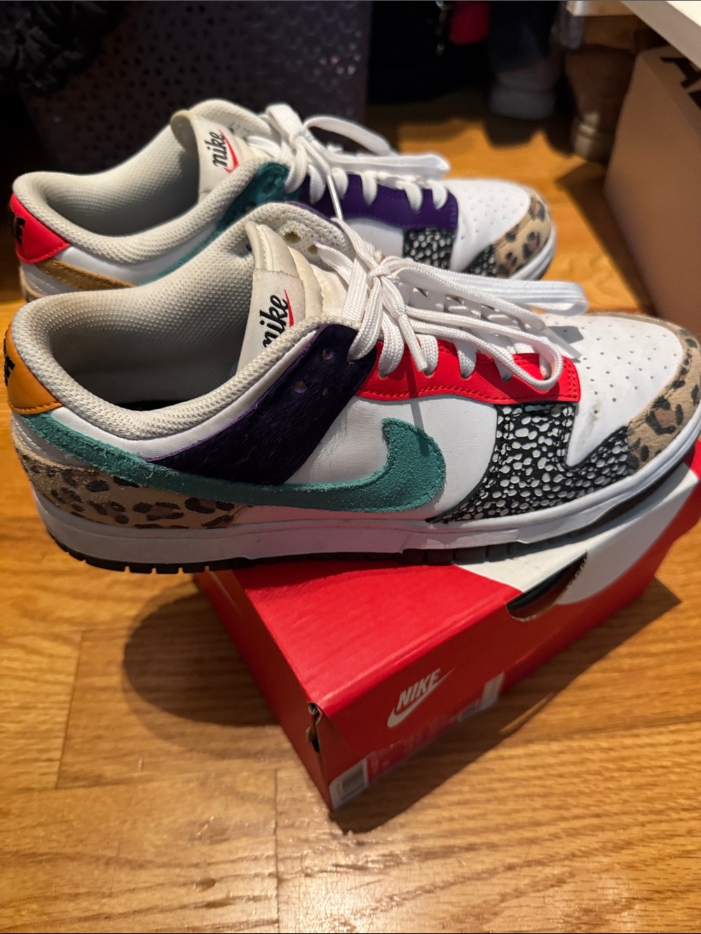 Nike White Multi-Accent Low Top Sneakers with Teal Fur and Gold Swoosh - Picture 4 of 4